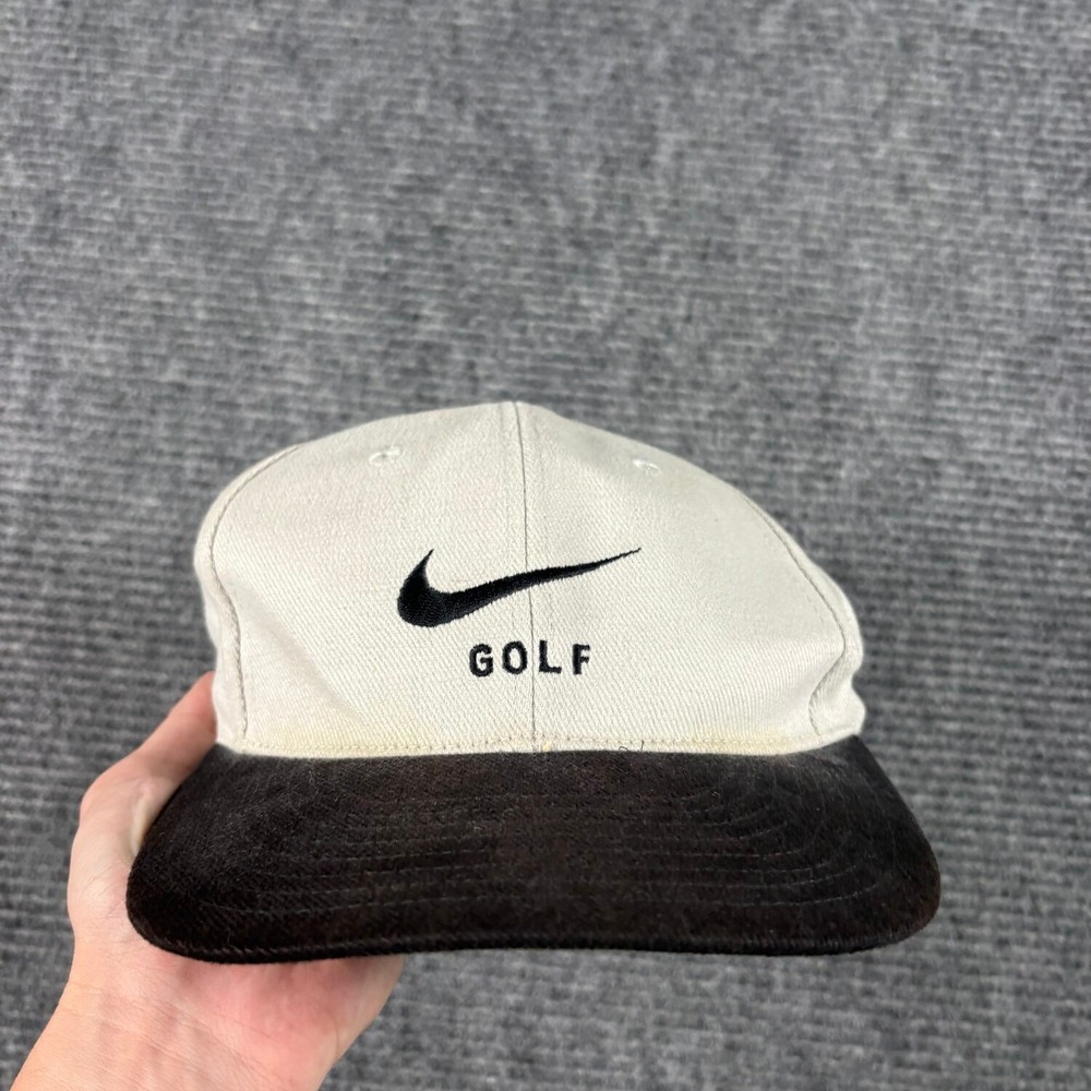 Vtg Nike Golf Hat Unisex OS Cream Black Good Corduroy Brim Swoosh Logo